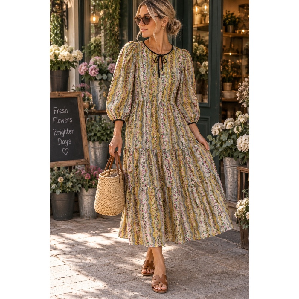Cath Kidston London Yellow Floral Tiered Midi Dress Puff Sleeve Bow Pockets 10